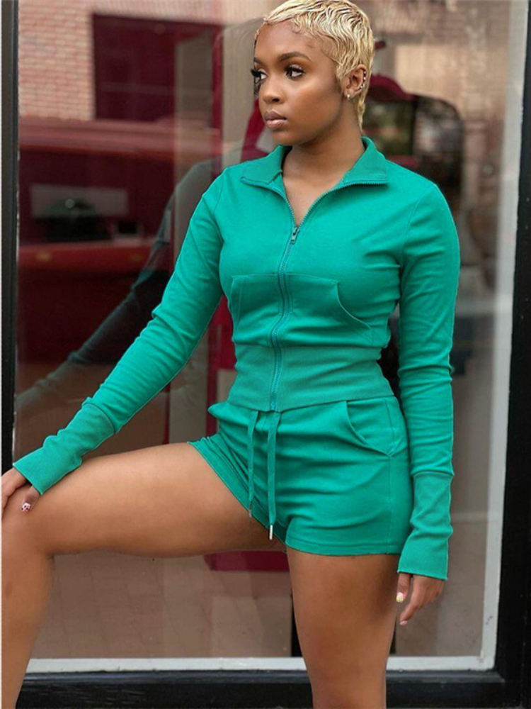 Women's Two Piece Pants WeiYao Sporty Casual Set Women Solid Zipper Shaped Waist Jackets Drawstring Elastic Athleisure Shorts Lady Tracksuits 220