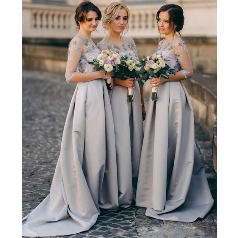 2023 Satin A Line Bridesmaid Dresses Sheer Neck Half Sleeves Sweep Train Bridesmaids Gowns With Lace Applique Formal