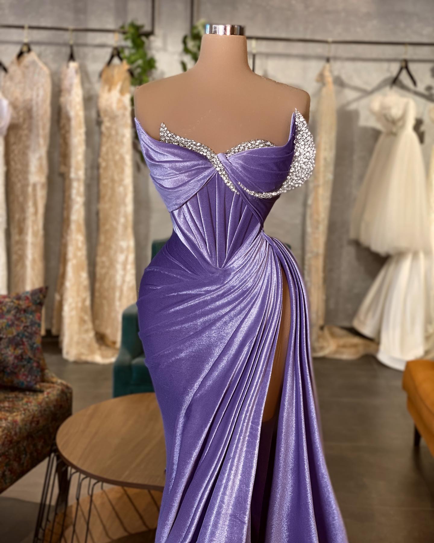 Lavender Velvet Mermaid Evening Dresses Winter Side Split Prom Dress Sweetheart Beaded Women Pageant Party Gowns