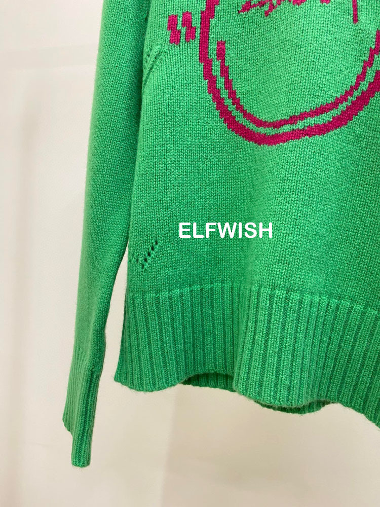 Womens Sweaters Woman Green Grey Wool Cashmere Blend Sweater O Neck Long Sleeved Front Red Letters Sign Jacquard Fashion Jumpers 220923