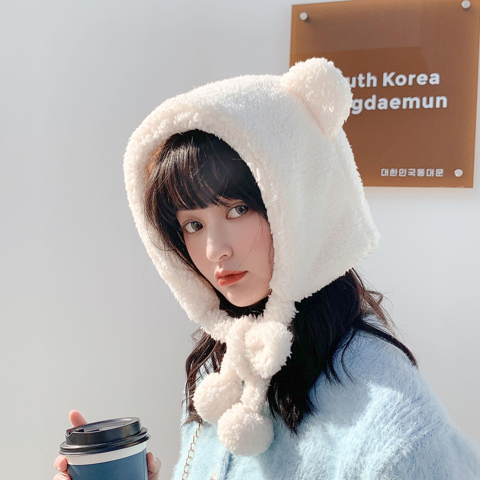 BeanieSkull Caps Wide Brim Hats Bucket Hats Winter Cute Bear Ears Warm Hat Women Beanies Windproof Cap Student Women Add Wool Cap Female Hat Present G
