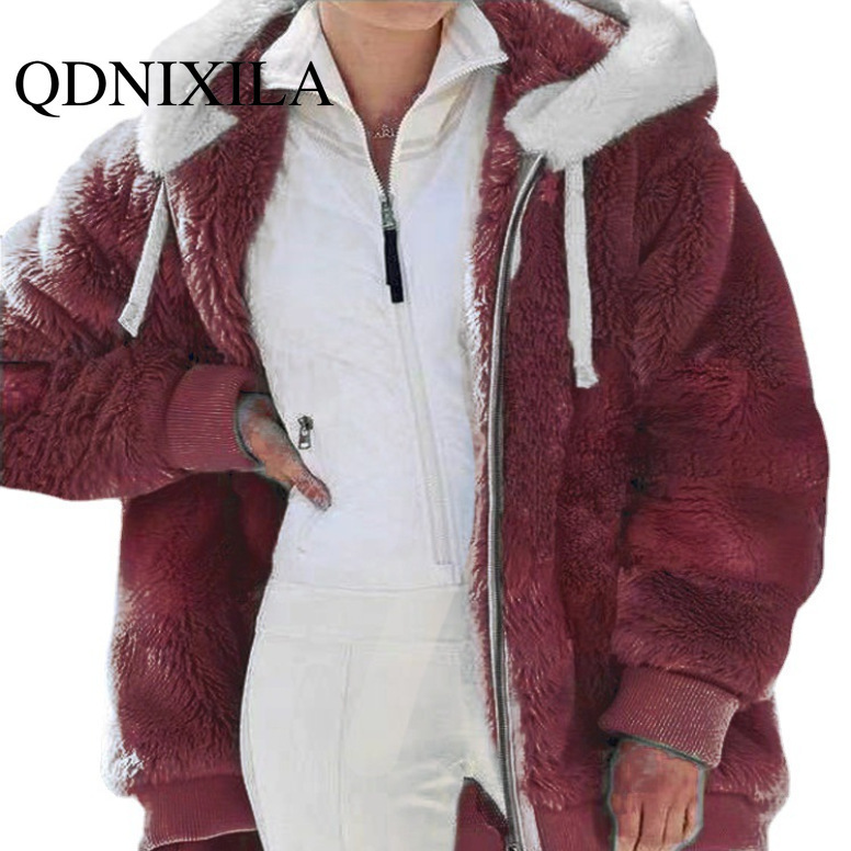 Women's Fur Faux Spring and Autumn Loose Plush Zipper Hooded Jacket Coats Jackets Pink Coat Winter Women 220927