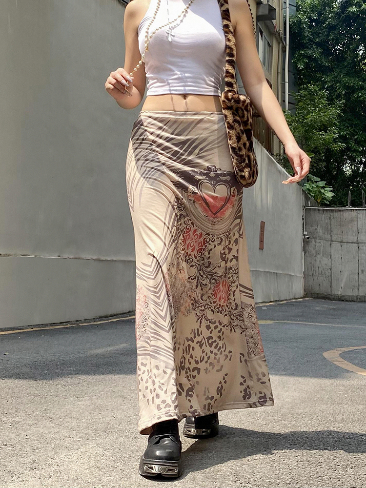 Skirts HEYounGIRL Harajuku Mall Goth Vintage A Line Midi Skirts Women Casual Print High Waist Skirt Ladies Khaki Summer Streetwear 220924