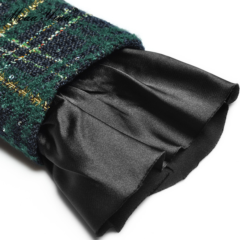 Casual Dresses MoaaYina Fashion Winter Plaid Tweed Skirts Suit Women's Bow Beading Long Sleeve Jacket Tassel Skirt 2 Pieces Set 220923