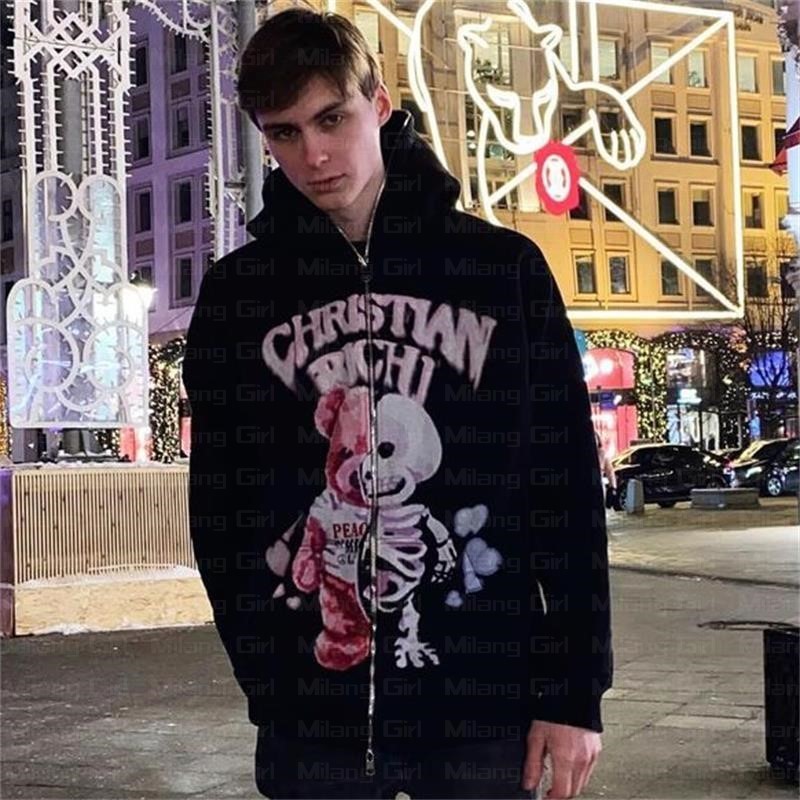 Women's Hoodies Sweatshirts Y2k Men Emo Streetwear Hoodie Zip Up Sweatshirts Fairy Grunge Pullover Oversized Skeleton Bear Goth Jacket Tops Hoodi