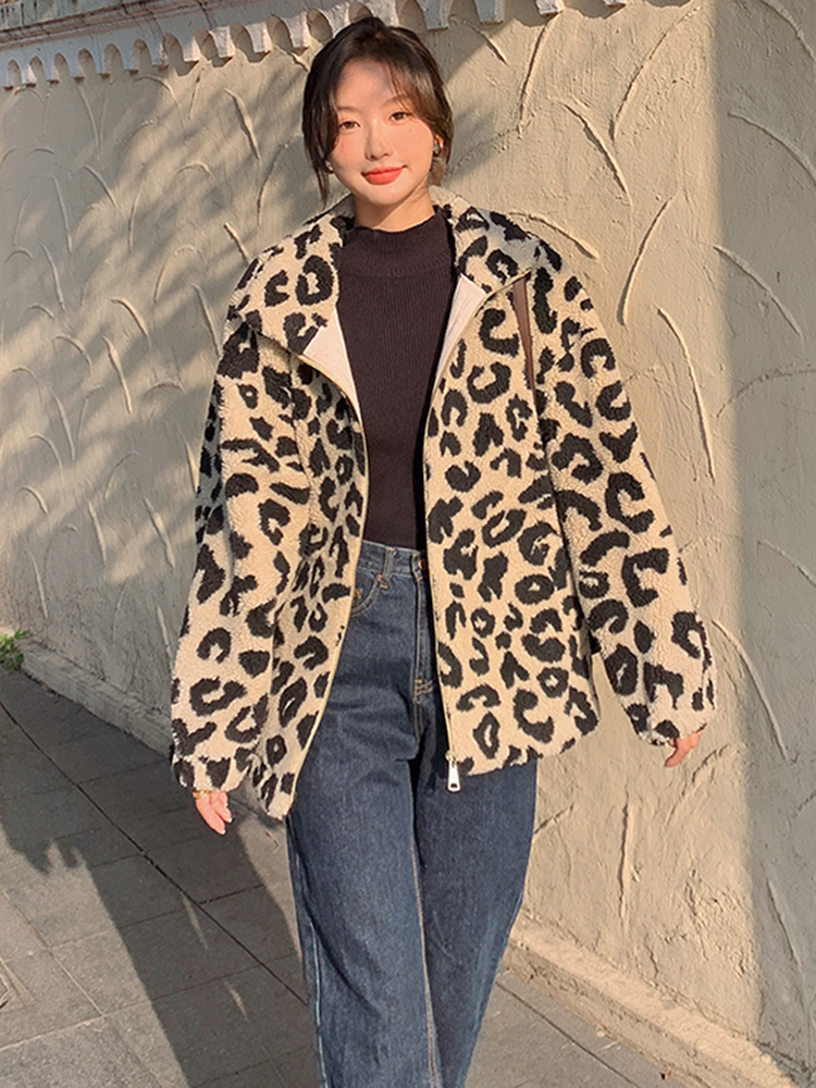 Womens Fur Faux Fur LANMREM Leopard Print Lamb Wool Coats Womens Long Sleeves Loose Zipper Fashion Coat Autumn Winter Warm Clothing 2R7696 220927