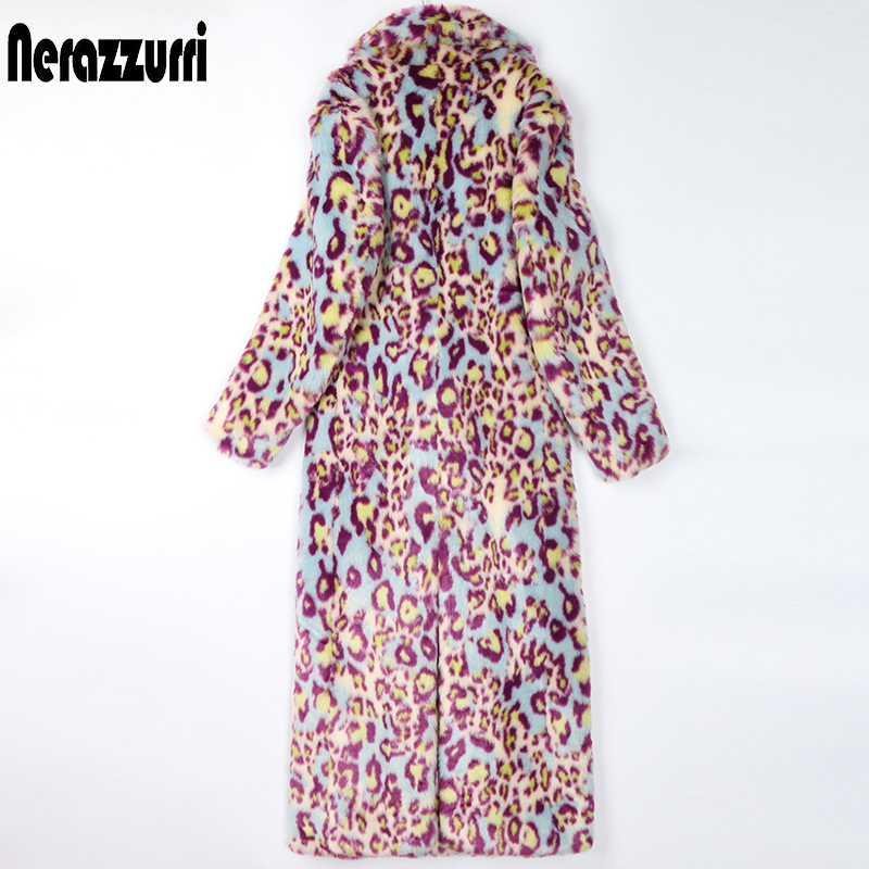 Womens Fur Faux Fur Nerazzurri Winter Leopard Long Colorful Soft Warm Thick Fluffy Furry Faux Fur Trench Coat for Women Runway European Fashion 220927