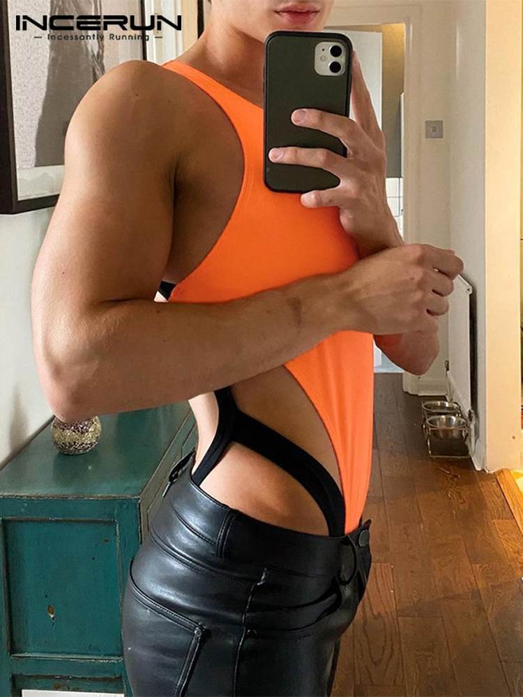Men's Sleepwear Men Bodysuits Patchwork Homewear Oneck Sleeveless Sexy Pajamas Hollow Out Skinny Sexy Underwear Men Bodysuit S5XL INCERUN 220924