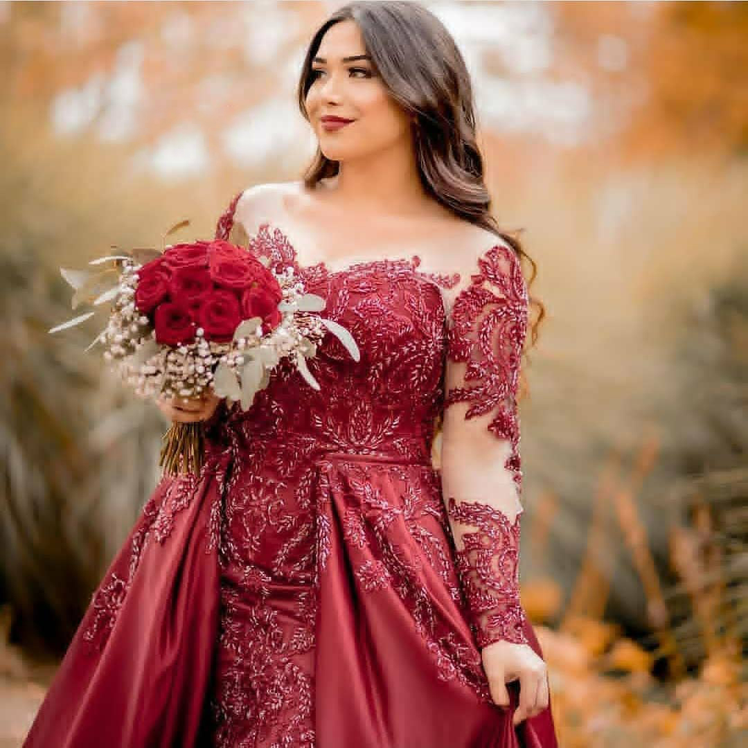 Red Beads Mermaid Evening Dresses Long Sleeve Appliqued Prom Gowns Vintage Detachable Train Formal Pageant Dress