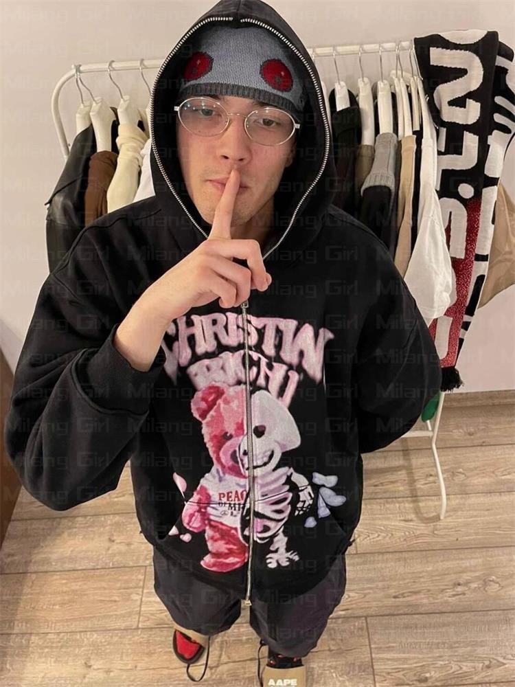 Women's Hoodies Sweatshirts Y2k Men Emo Streetwear Hoodie Zip Up Sweatshirts Fairy Grunge Pullover Oversized Skeleton Bear Goth Jacket Tops Hoodi