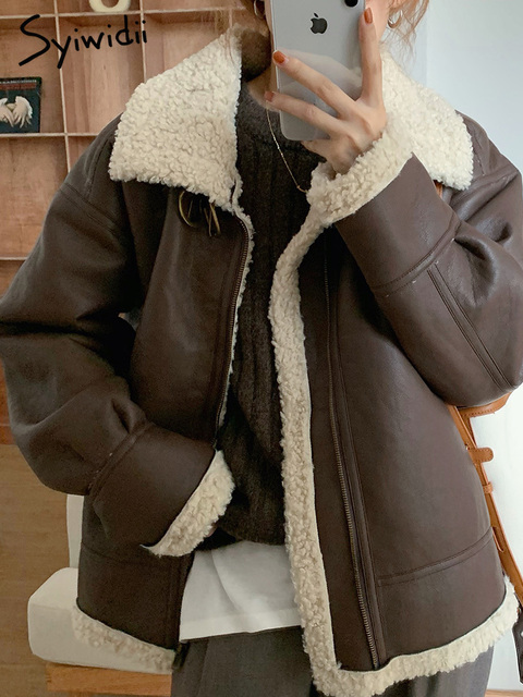 Women's Fur Faux Syiwidii Coat Winter Jacket Lambswool Sheepskin Loose Warm Thicken Locomotive Female Black Chic Pu Outwear 220927