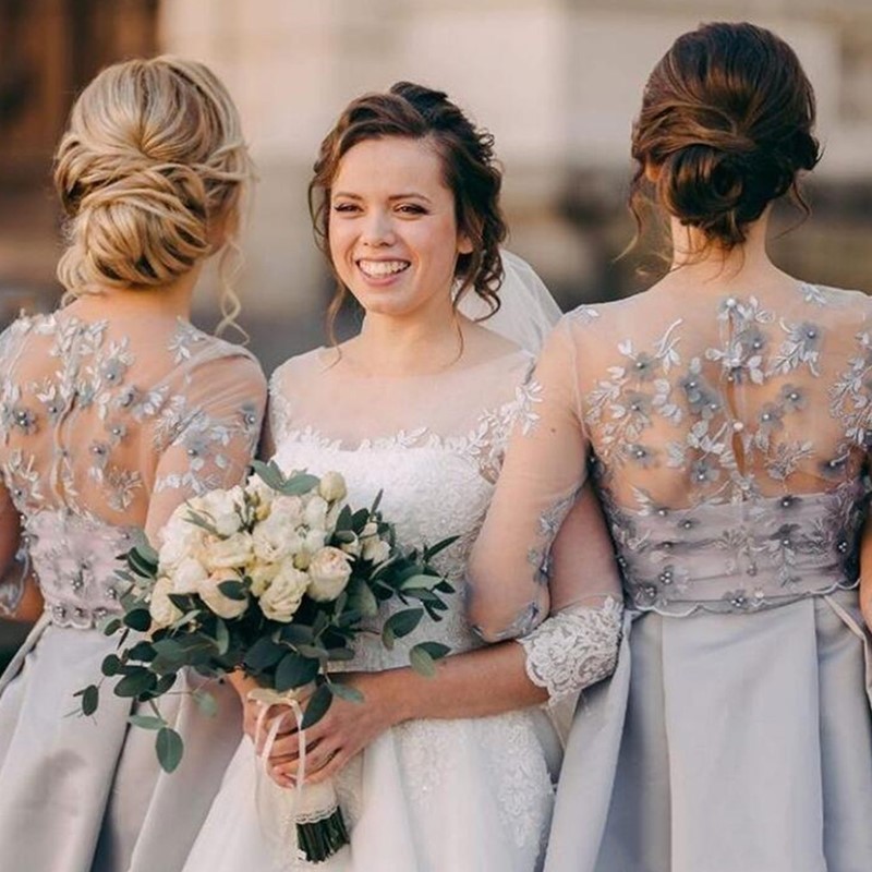 2023 Satin A Line Bridesmaid Dresses Sheer Neck Half Sleeves Sweep Train Bridesmaids Gowns With Lace Applique Formal