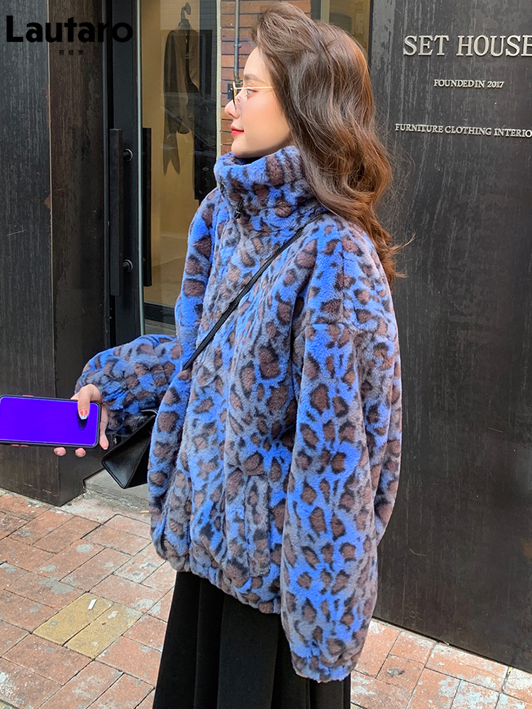 Women's Fur Faux Lautaro Winter Oversized Colorful Leopard Print Coat Women Long Sleeve Zip Up Warm Soft Fluffy Jacket Korean Fashion 220927