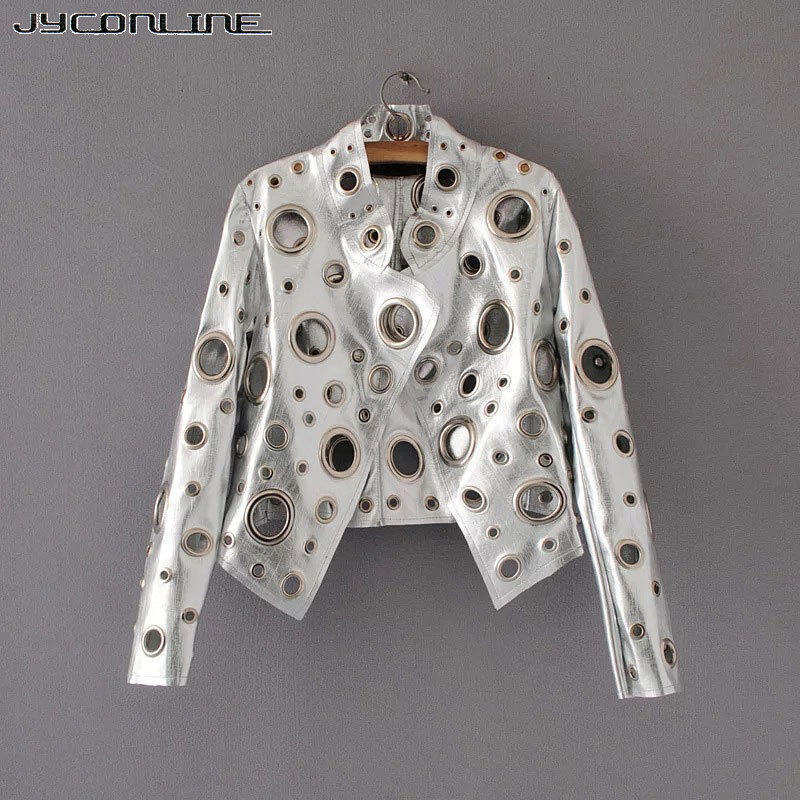 JYConline 2017 Fashion PU Women Jacket Autumn Metal Motor Punk Bomber Jacket Silver Golden Hollow Out Jacket Female Streetwear S18101302