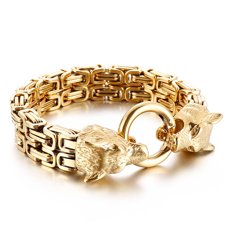 Heavy Biker Wolf Head Clasp Double Byzantine Chain Bracelet Mens Cool Bangle Stainless Steel Jewelry for Father .husband .friends Gifts 7mm 8.66 Inch