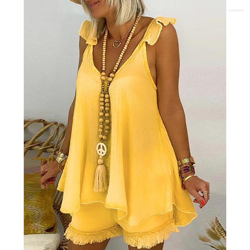Women' Tracksuits 2022 Summer Women Fashion Two Piece Suit Sets V Neck Daily Homewear Casual Sleeveless Flowy Top And Shorts Set, Yellow
Women' Tracksuits 2022 Summer Women Fashion Two Piece Suit Sets V Neck Daily Homewear Casual Sleeveless Flowy Top And Shorts Set, Yellow