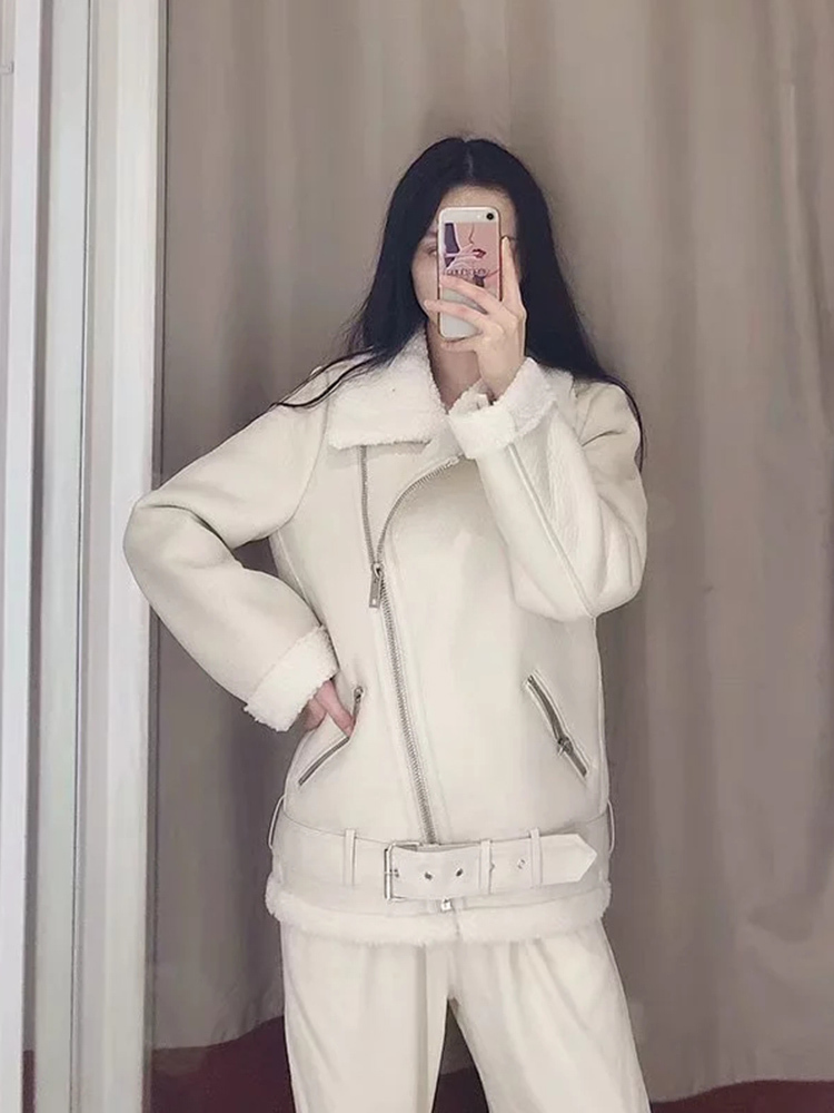 Women's Leather Faux Fitaylor Winter Women Lamb Jacket Streetwear Autumn Female Thickness Sheepskin Loose Coat with Belt Outwear 220928