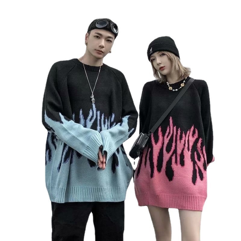 Men's Sweaters Hip Hop Mens Streetwear Harajuku Knitted Sweater Blue Fire Flame Autumn Sweater Pullover Loose HipHop Retro Vintage 220928