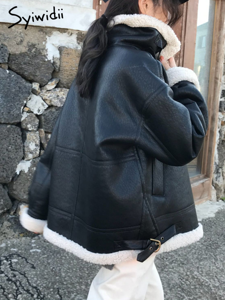 Women's Fur Faux Syiwidii Coat Fall Winter Jacket for Women Loose Warm Lambswool Thicken Locomotive Lapel Female PU Outerwear 220928