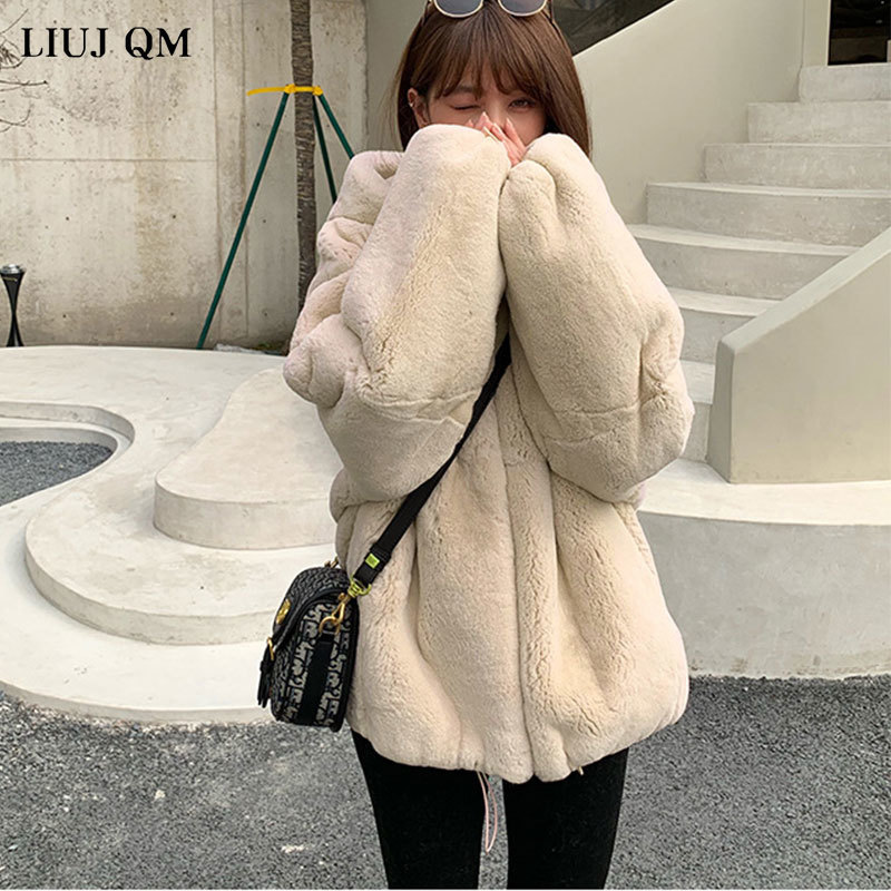 Womens Fur Faux Oversize Parkas Winter Jacket Female Loose Rabbit Zip Hooded Thicken Short Coat Thick ry Warm 220927