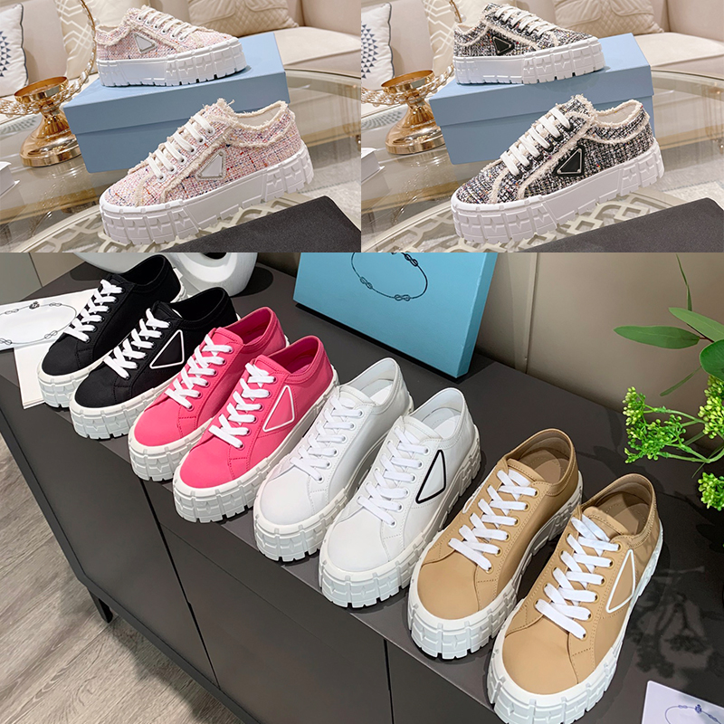 Triangle Logo Designer Sneakers Double Wheel Casual Shoes Nylon Gabardine Sneaker Classic Canvas Platform Shoe Brand Fashion Stylist Trainers Solid Heighten Shoe