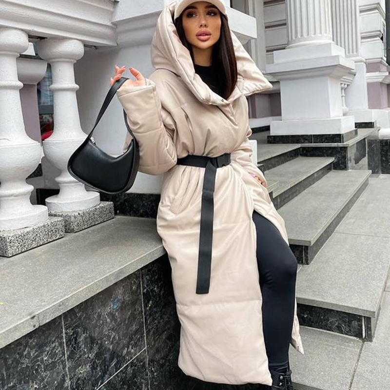 Women's Down Parkas Malina Hooded PU Fashion Tie Belt Coats Elegant Solid Faux Leather Slim Long Cotton Jackets Female Ladies 220928