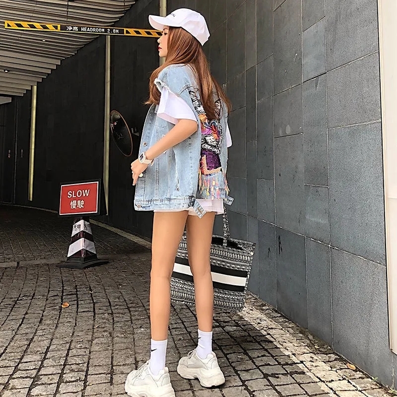 Women's Vests Denim Vest Jacket Back Cat Spring Summer Korean Style Women Cardigan Loose Hole Ribbon Waistcoat Fashion Jeans Gilet Coat 220928
