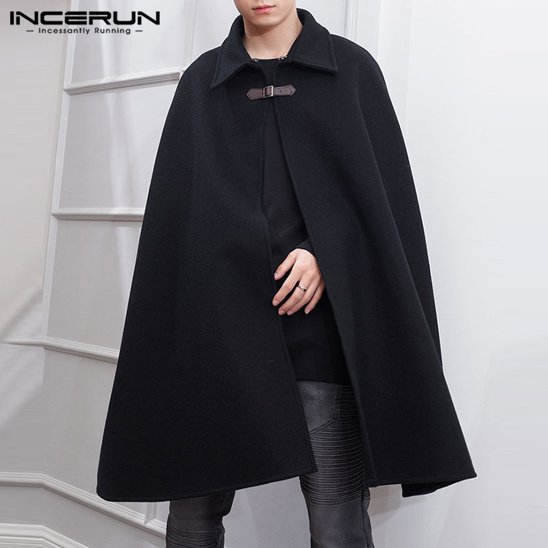 Men's Wool Blends INCERUN Fashion Men Cloak Coats Solid Color One Button Lapel Cape Trench Streetwear Winter Faux Blends Overcoat Men Jackets 220