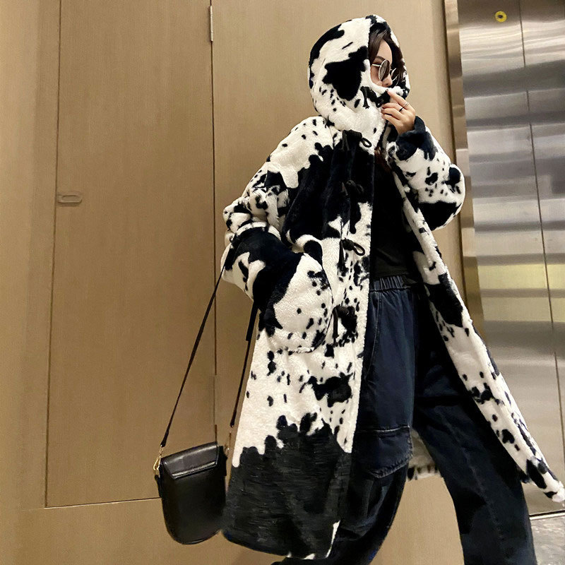 Women's Fur Faux Winter Parka Jacket Women Thickened Cow Pattern Hooded Coat Lengthened Oversize Overcoat Veste Fourrure Homme 220928
