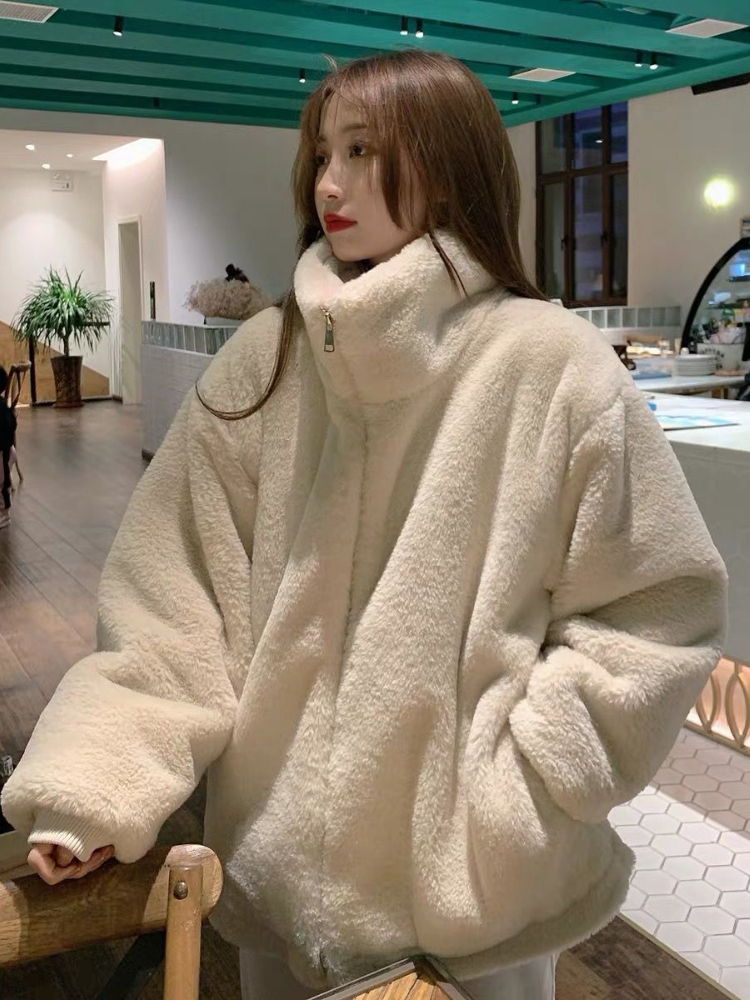 Womens Fur Faux Winter Jacket Thick Warm Artificial Rabbit Short Coats Loose Casual Zipper Pink Coat for Women 220927