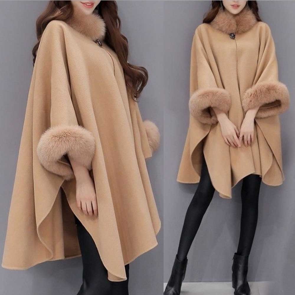Women's Fur Faux Elegant Round Coat Cape Autumn Winter Big Long Sawl Full Trim Patchwork Woolen Cloak Overcoat Parka WDC8415 220928