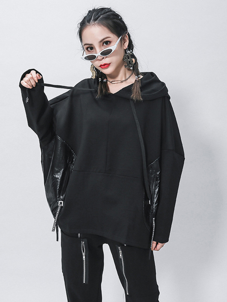 Women's Hoodies Sweatshirts EAM Loose Fit Black Split Joint Pocket Sweatshirt Round Neck Long Sleeve Women Big Size Fashion Spring Autumn 1Z323 2