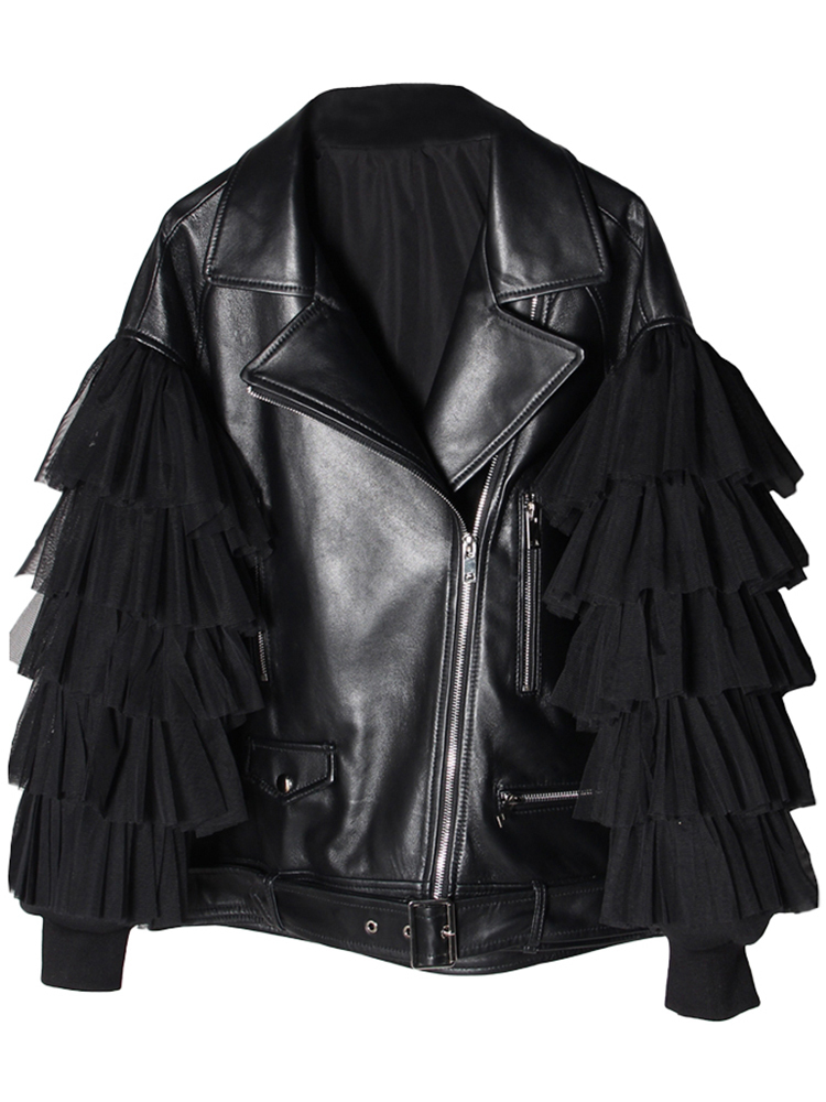 Women's Leather Faux Lautaro Autumn Short Black Oversized Lace Patchwork Biker Jacket Long Sleeve Loose Womans Clothing Fashionable Outerwear 220