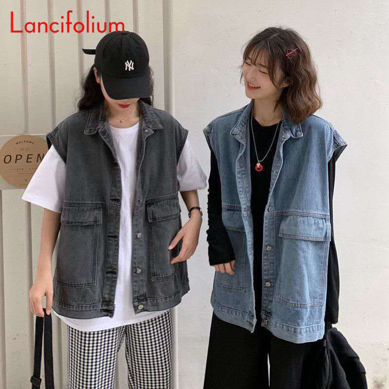 Women's Vests BF Blue Denim Women Vintage 8size Korean Big Pocket Black Jean Kpop Sleeveless Cardigan Tank Top Jacket Coat 220928