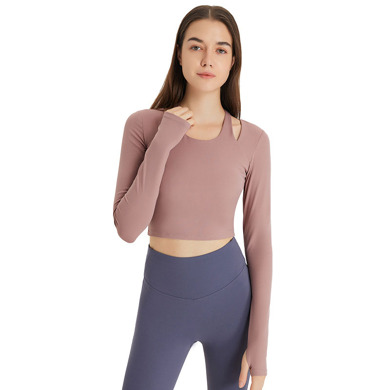 L-214 Yoga Clothes Top Hangs Neck Sweatshirt Soft Against Skin Tee Long Sleeve Shirts Elastic Quick Dry T-shirts with Removable Cups Slim Fit Sports Tops