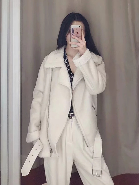 Women's Leather Faux Fitaylor Winter Women Lamb Jacket Streetwear Autumn Female Thickness Sheepskin Loose Coat with Belt Outwear 220928