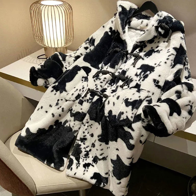 Women's Fur Faux Winter Parka Jacket Women Thickened Cow Pattern Hooded Coat Lengthened Oversize Overcoat Veste Fourrure Homme 220928