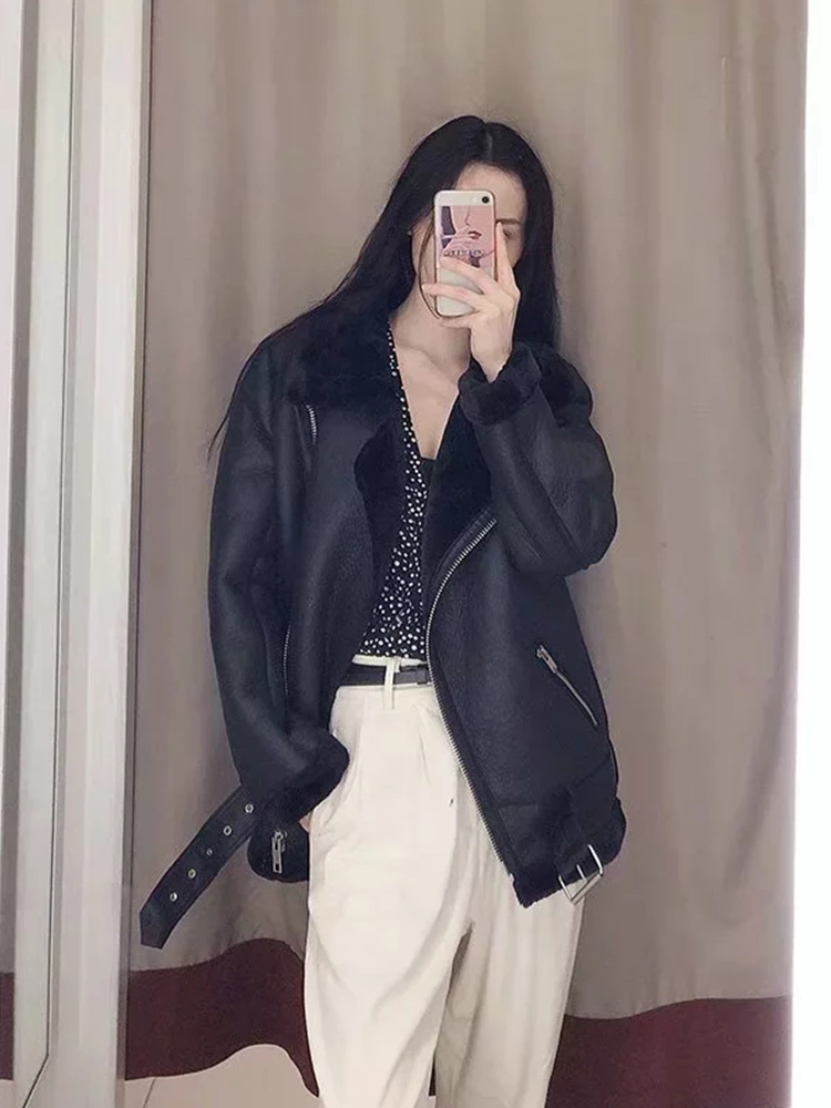 Women's Leather Faux Fitaylor Winter Women Lamb Jacket Streetwear Autumn Female Thickness Sheepskin Loose Coat with Belt Outwear 220928