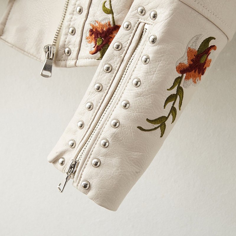 Women's Leather Faux Women Retro Floral Print Embroidery Soft Jacket Coat Turndown Collar Pu Moto Biker Black Punk Outerwear 220928