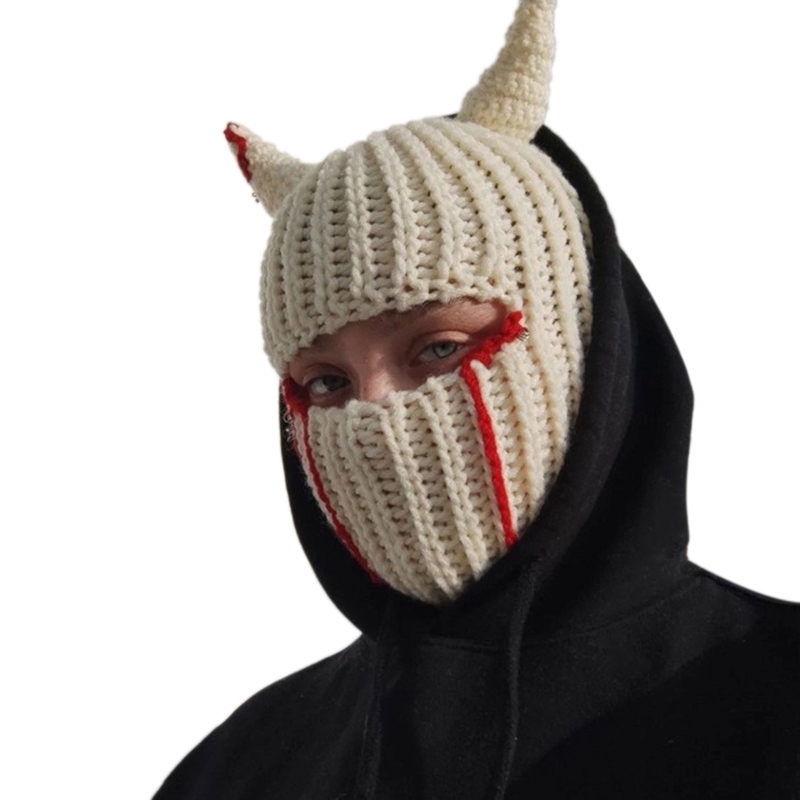 Beanie/Skull Caps Halloween Funny Horns Creative Knitted Hat Beanies Warm Full Face Cover Ski Mask Windproof Balaclava for Outdoor Sport 220928