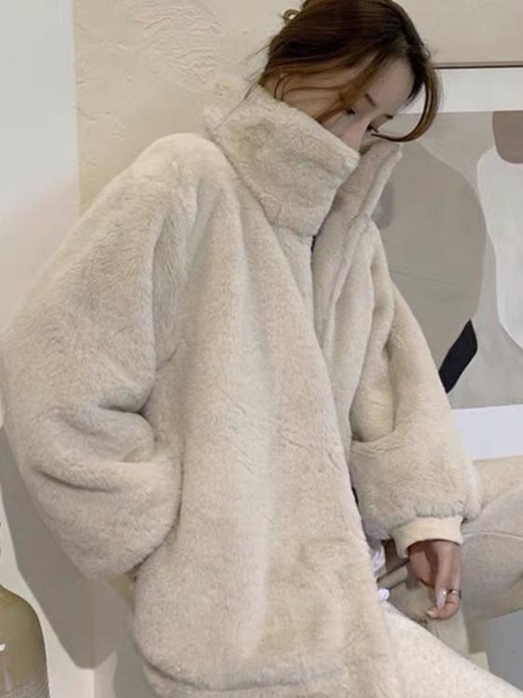 Womens Fur Faux Winter Jacket Thick Warm Artificial Rabbit Short Coats Loose Casual Zipper Pink Coat for Women 220927