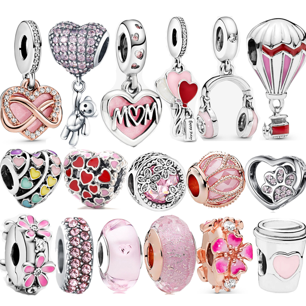 The New Popular S925 Silver Talisman Cute Pink Heart Earphone Talisman Fits Bracelet and Necklace Girl Gift Jewelry