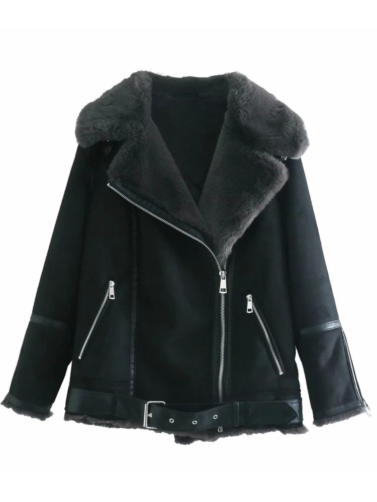 Women's Leather Faux style women's double-sided coat with fur lamb hair Winter Coat plus velvet 220928