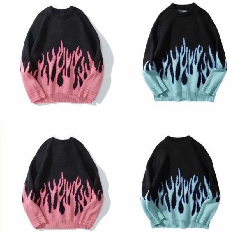 Men's Sweaters Hip Hop Mens Streetwear Harajuku Knitted Sweater Blue Fire Flame Autumn Sweater Pullover Loose HipHop Retro Vintage 220928