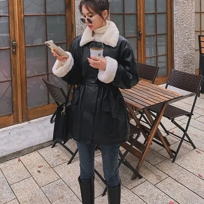 Women's Leather Faux Leather Winter Oversized Leather Jacket Women with Faux Rex Rabbit Fur Inside Warm Soft Thickened Fur Lined Coat Long Sleeve