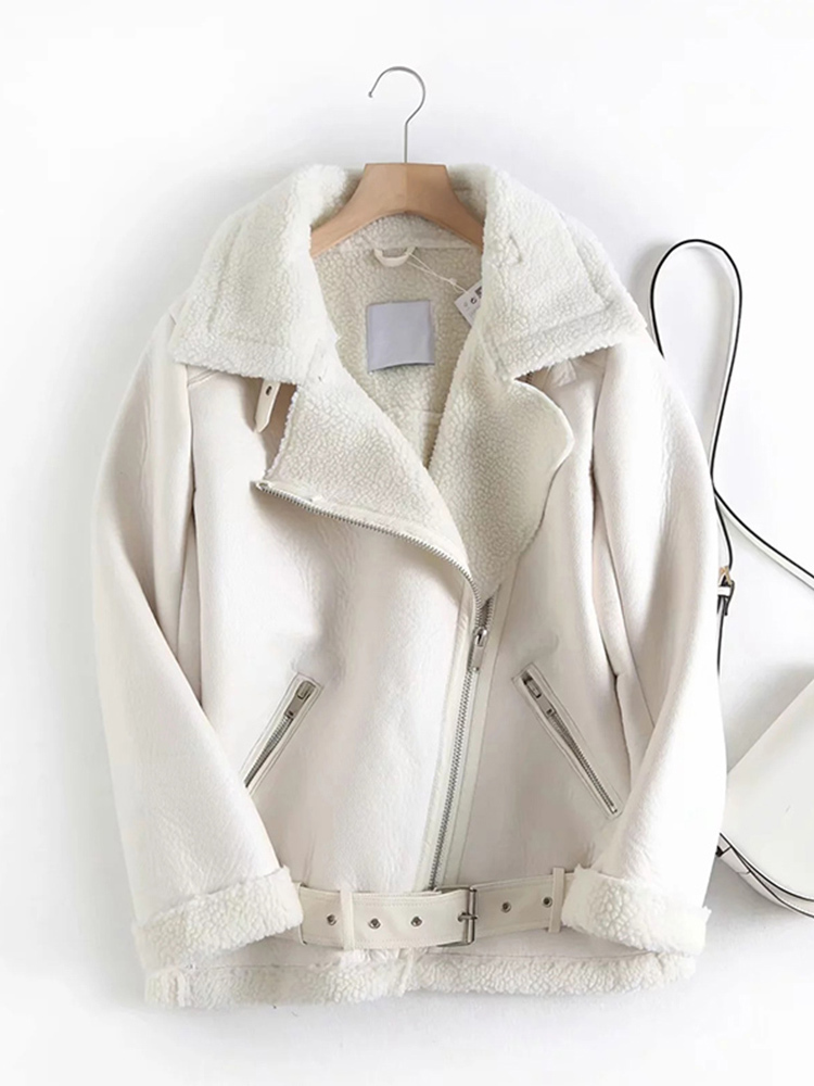 Women's Leather Faux Fitaylor Winter Women Lamb Jacket Streetwear Autumn Female Thickness Sheepskin Loose Coat with Belt Outwear 220928