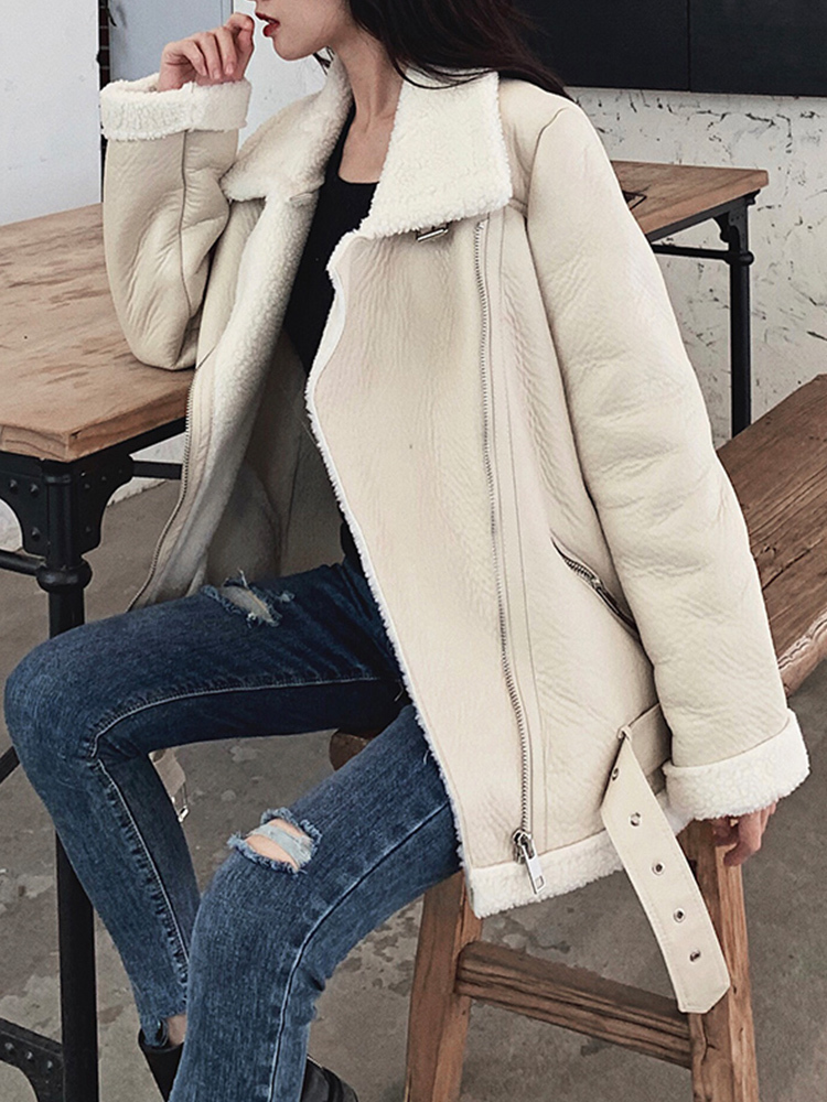Women's Leather Faux Ailegogo Women Lamb Fur Jacket Coat Turn Down Collar Winter Thick Warm Zipper With Belt Outerwear 220928