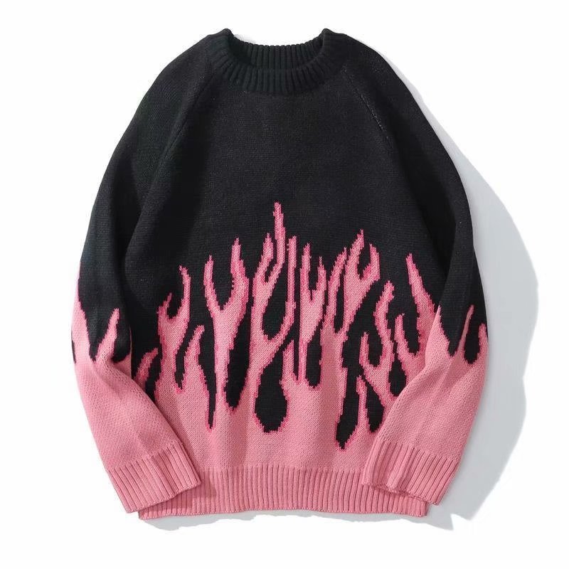 Men's Sweaters Hip Hop Mens Streetwear Harajuku Knitted Sweater Blue Fire Flame Autumn Sweater Pullover Loose HipHop Retro Vintage 220928