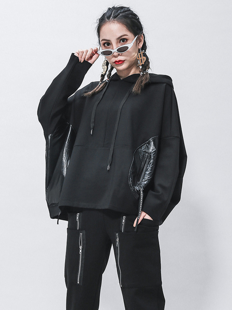 Women's Hoodies Sweatshirts EAM Loose Fit Black Split Joint Pocket Sweatshirt Round Neck Long Sleeve Women Big Size Fashion Spring Autumn 1Z323 2