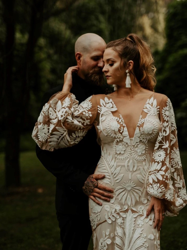Boho Outdoor Destination mermaid Wedding Dresses Slip Lace Robe Long Sleeves Illusion Backless Elopement bohemain Bridal Gowns Rue de Seine